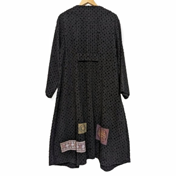 Vtg Blue Fish Black Cotton Chenille Dot Lagenlook Duster Art Patch Longline Coat - Picture 12 of 16